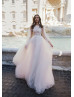 Beaded Illusion Bodice Ivory Lace Tulle Boho Wedding Dress